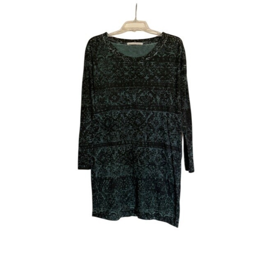Peruvian Connection Womens Teal Black Damask Cotton Shift Dress Size S EUC
